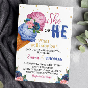 He Or She Ice Cream Gender Reveal Party Invitation