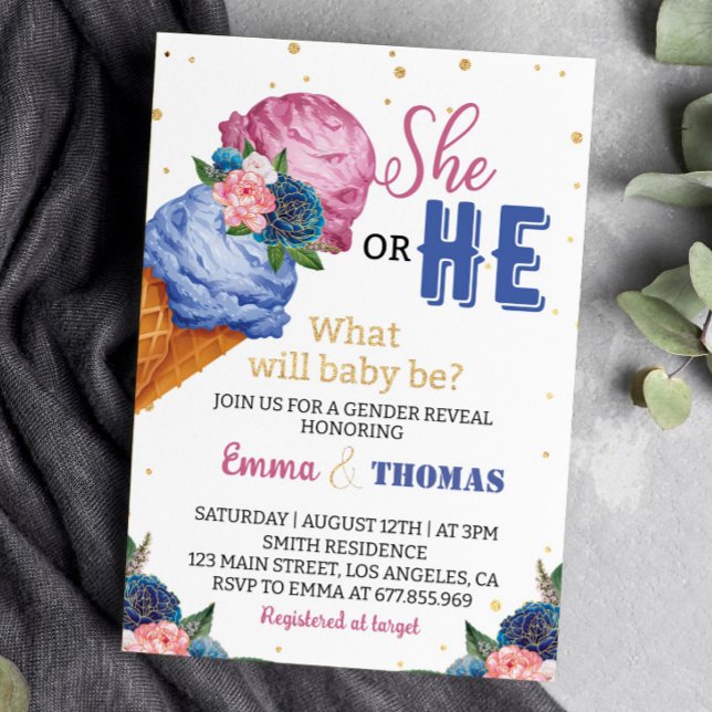 He Or She Ice Cream Gender Reveal Party Invitation (Creator Uploaded)