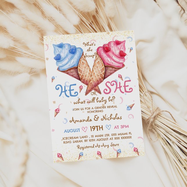 He or She Ice Cream Pink Blue Gold Gender Reveal Invitation (Creator Uploaded)