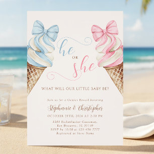 He or She Ice Cream Watercolor Gender Reveal Invitation
