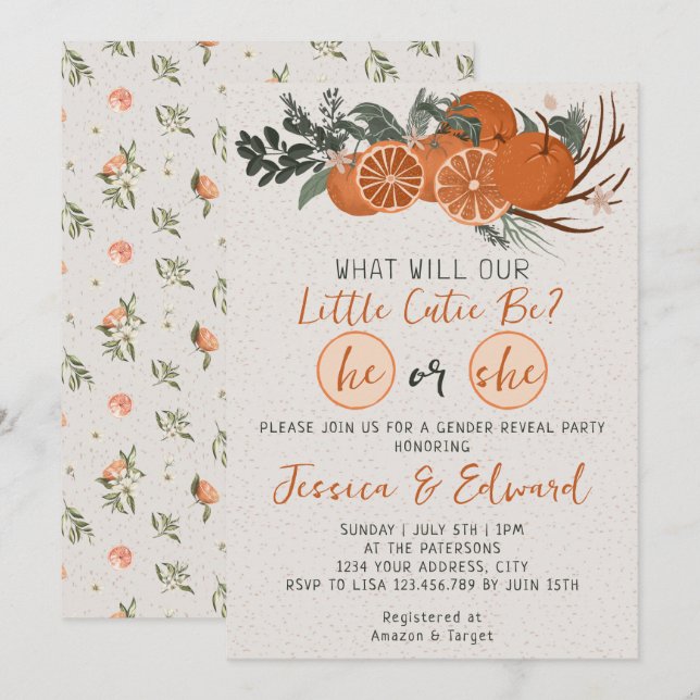 He or She Little Cutie Citrus Orange Gender Reveal Invitation (Front/Back)