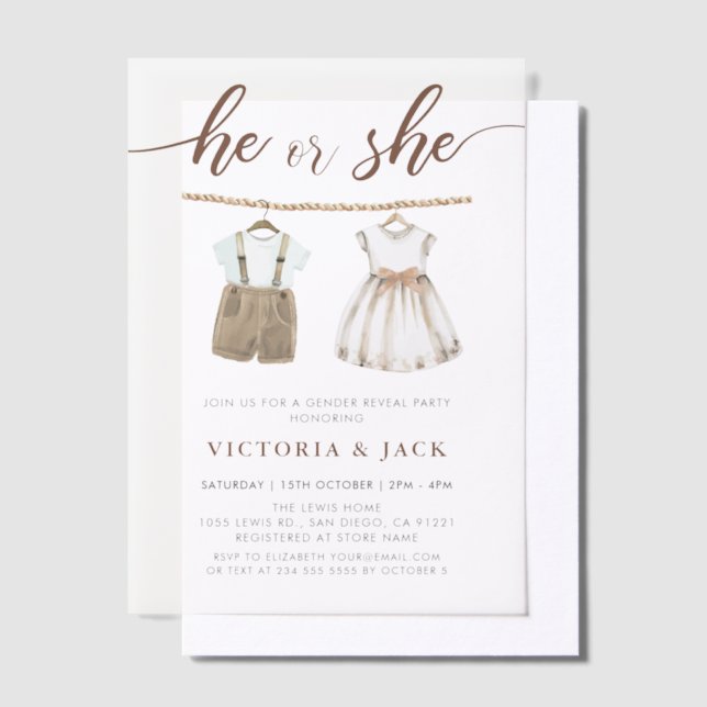 He or She Neutral Baby Clothes Gender Reveal Vellum Invitations (Offset)