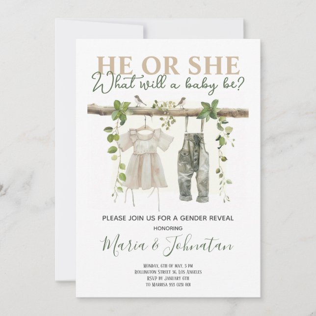 He or She Neutral Boho Baby Clothes Gender Reveal Invitation (Front)