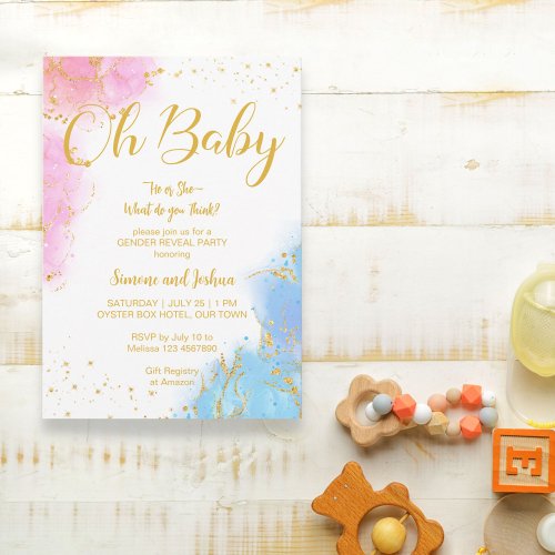 He or she oh baby pink and blue glitter invite