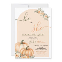 He or She Orange Pumpkin Fall Floral Gender Reveal Invitation