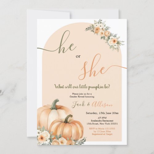 He or She Orange Pumpkin Fall Floral Gender Reveal Invitation