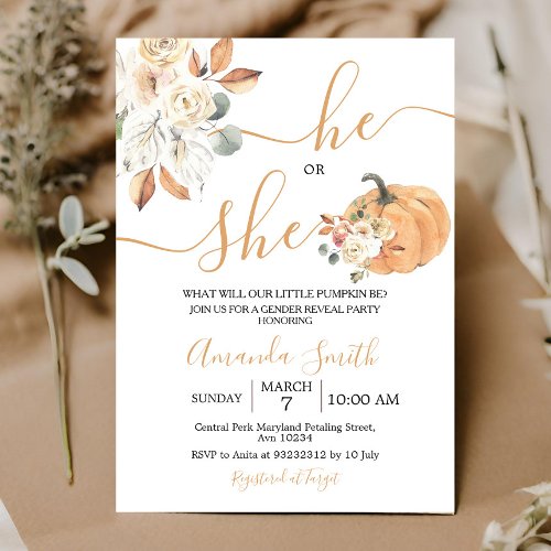 He or She Orange Pumpkin Gender Reveal Invitation