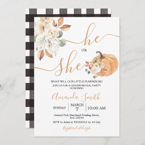 He or She Orange Pumpkin Gender Reveal Invitation