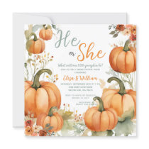 He or She Orange Pumpkins Fall Gender Reveal Invitation