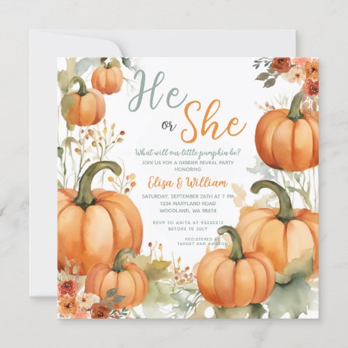 He or She Orange Pumpkins Fall Gender Reveal Invitation