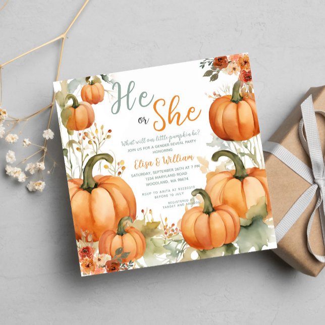 He or She Orange Pumpkins Fall Gender Reveal Invitation (Creator Uploaded)
