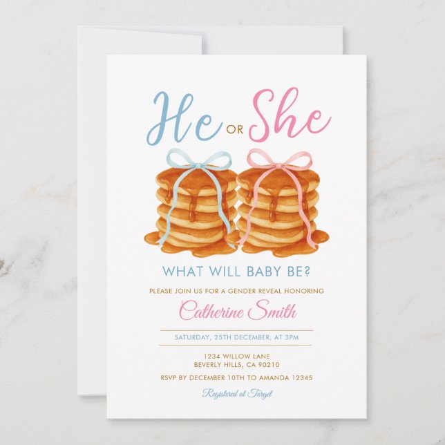 He or She Pancake Gender Reveal Pink & Blue Bow Invitation (Front)
