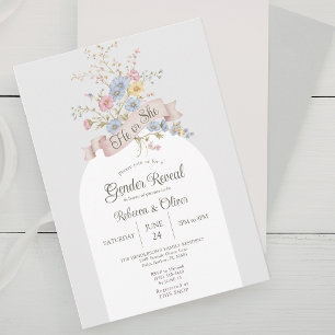 He or She Pastel Floral Arch Gender Reveal Invitation
