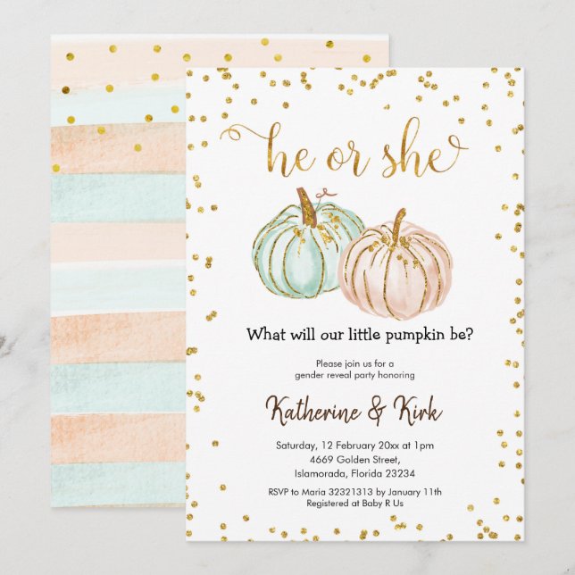 He Or She Pastel Pumpkin Gender Reveal Invitation (Front/Back)