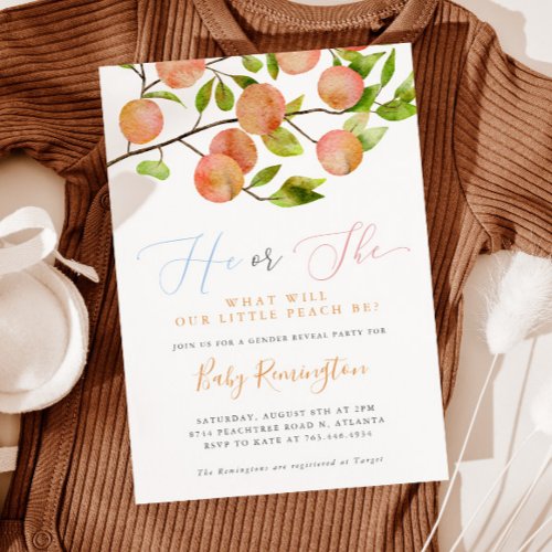 He or She Peach Gender Reveal Party Invitation
