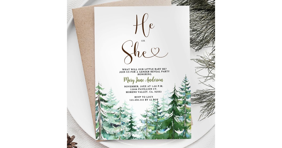 He or She Pine Trees Winter Gender Reveal Invitation | Zazzle