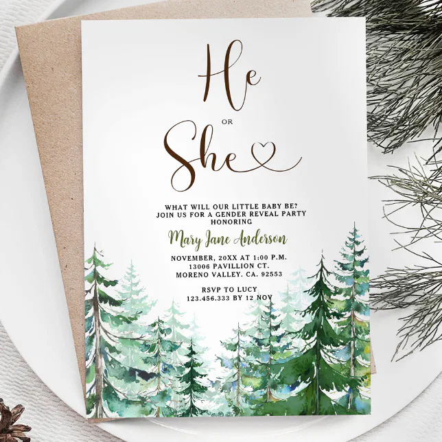 He or She Pine Trees Winter Gender Reveal Invitation | Zazzle