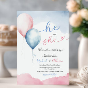 He Or She Pink And Blue Balloon Gender Reveal Invitation