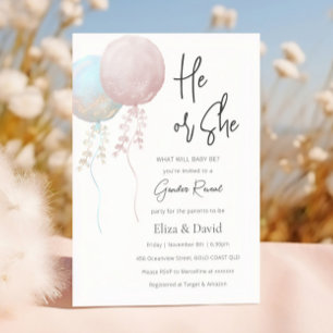 He or She Pink and Blue Balloon Gender Reveal Invitation