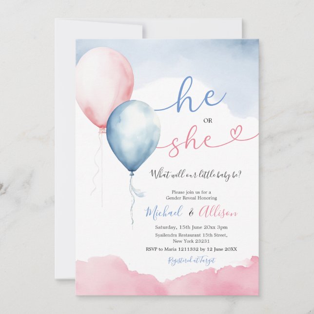 He Or She Pink And Blue Balloon Gender Reveal Invitation (Front)