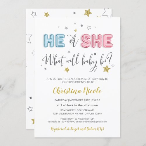 He or She Pink and Blue Foil Balloons Baby Shower Invitation