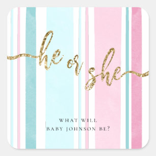He or She Pink and Blue Gender Reveal  Square Sticker