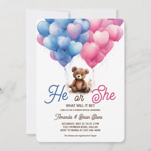 He or She Pink Blue Balloons Bear Gender Reveal Invitation