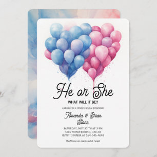 He or She Pink Blue Balloons Gender Reveal Party Invitation