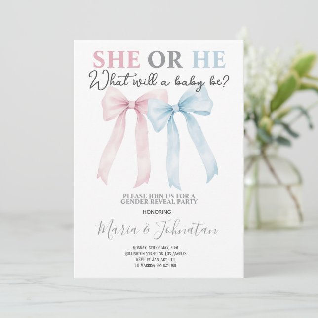 He or She Pink Blue Bow Baby Gender Reveal Invitation (Standing Front)
