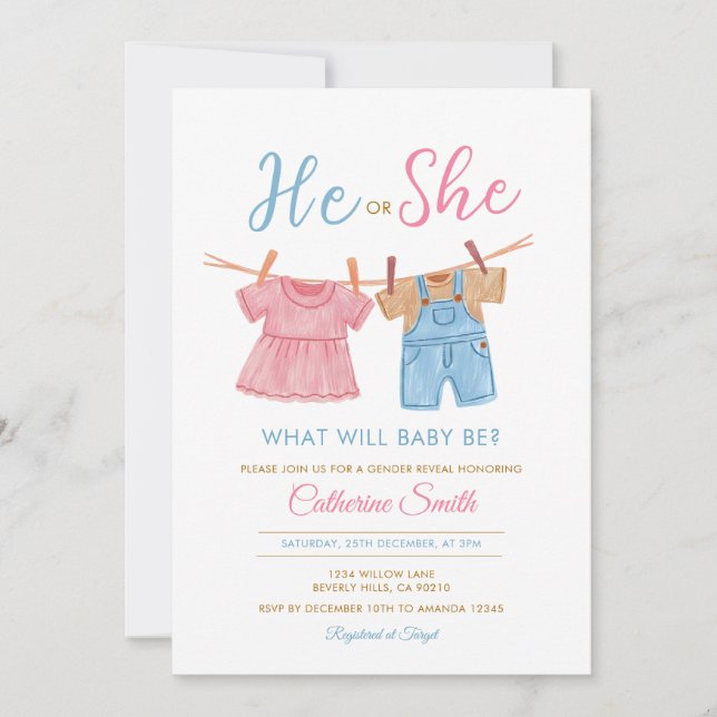 He or She Pink & Blue Clothesline Gender Reveal  Invitation (Front)
