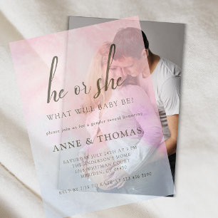 He Or She Pink Blue Pastel Gender Reveal Party Vellum Invitations