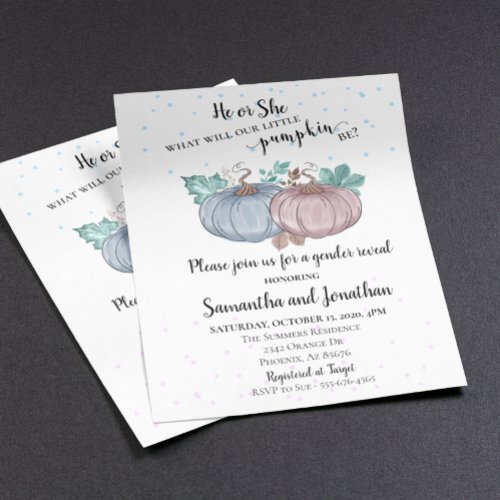 He or She Pink Blue Pumpkin Gender Reveal Autumn Flyer