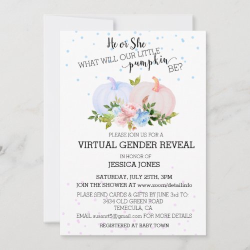 He or She Pink Blue Pumpkin Gender Reveal Virtual Invitation