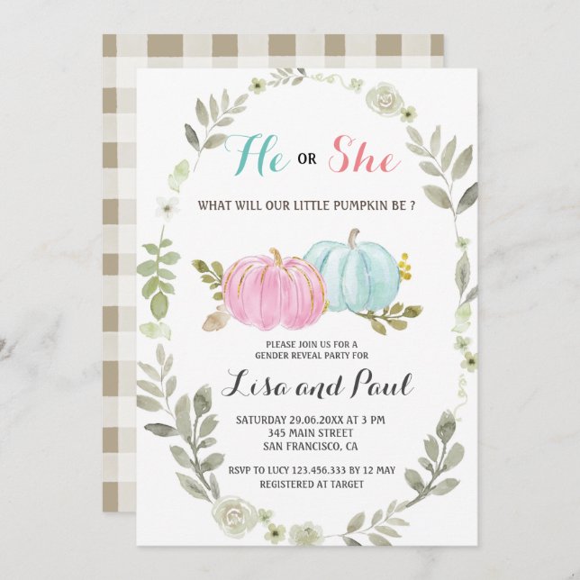 He or She Pink Blue Pumpkins  Gender Reveal Invitation (Front/Back)
