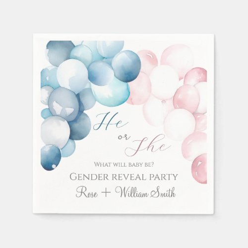 He or She Pink  Blue Watercolor Gender Reveal Napkins