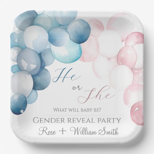 He or She Pink  Blue Watercolor Gender Reveal Paper Plates