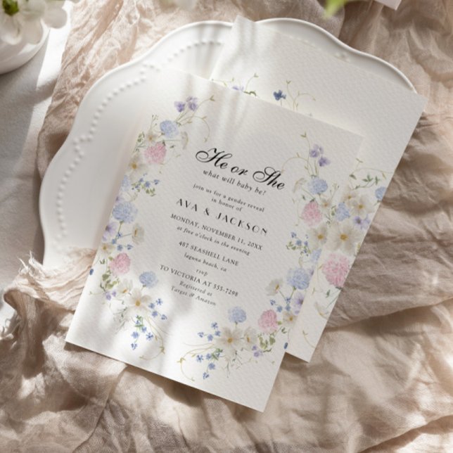 He or She Pink & Blue Wildflower Gender Reveal Invitation (Creator Uploaded)