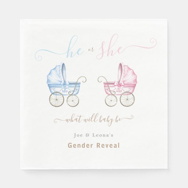 He or She, Pink or Blue Strollers Gender Reveal Napkins (Front)