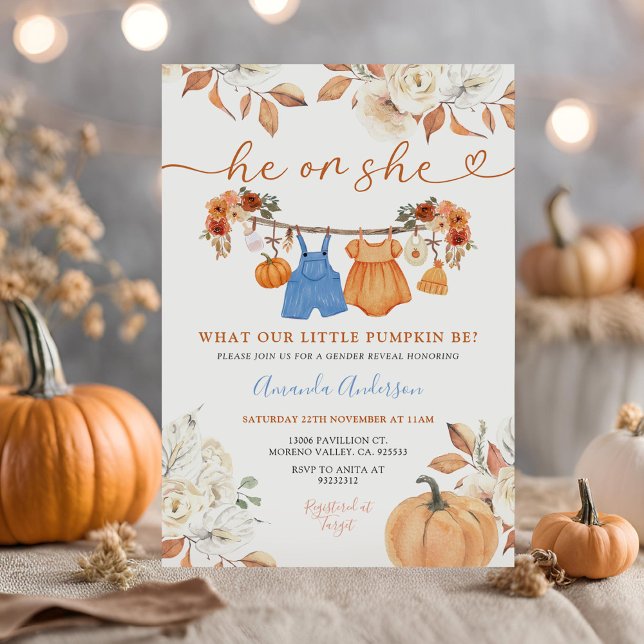 He or She Pumpkin Baby Clothes Gender Reveal Invitation (Creator Uploaded)