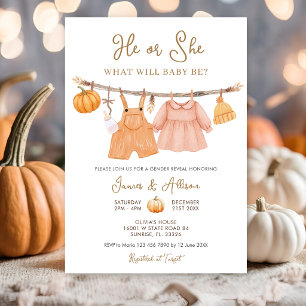 He or She Pumpkin Baby Clothes Gender Reveal Invitation