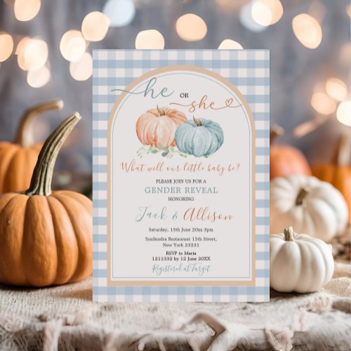 He or She Pumpkin Blue Gingham Arch Gender Reveal Invitation