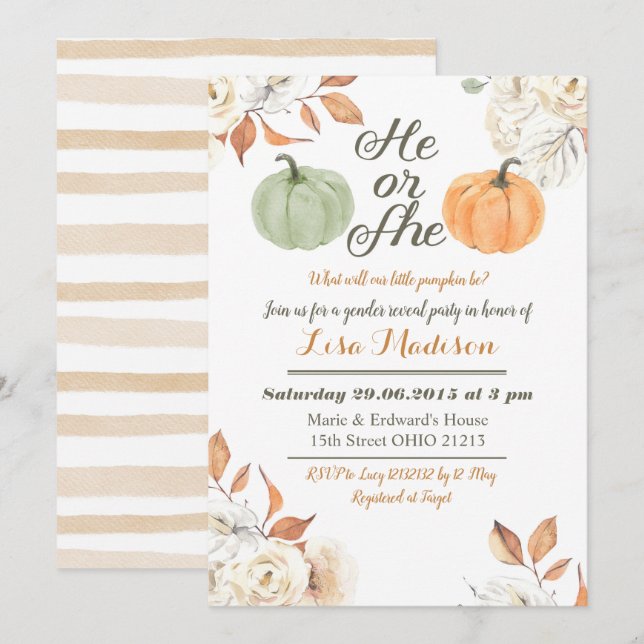 He or She Pumpkin fall Gender Reveal invitation (Front/Back)