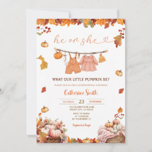 He or She Pumpkin Gender Reveal Fall Baby Clothes Invitation