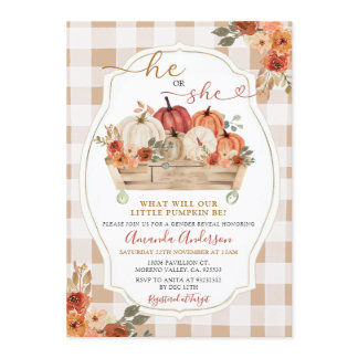 He or She Pumpkin Patch Fall Floral Gender Reveal Invitation