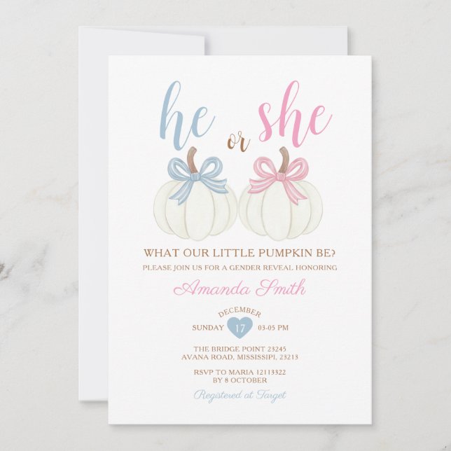 He or She Pumpkin Pink or Blue Gender Reveal Party Invitation (Front)
