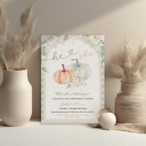He or She Pumpkin Sage Green Gingham Gender Reveal Invitation
