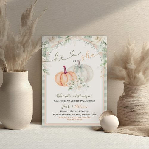 He or She Pumpkin Sage Green Gingham Gender Reveal Invitation