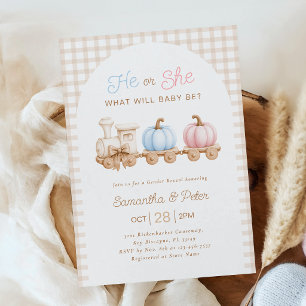 He or She Pumpkin Train Gender Reveal Invitation