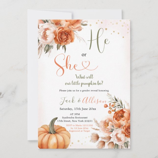 He or She Rustic Fall Floral Pumpkin Gender Reveal Invitation (Front)