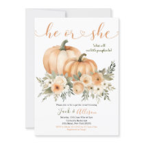 He or She Rustic Fall Orange Pumpkin Gender Reveal Invitation